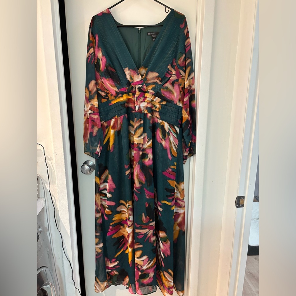 Maggy London Teal and Pink Floral Long Sleeve Dress 16W